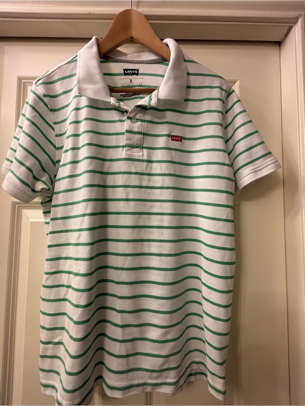 Levi's White Polo with Green Stripes and Red Logo